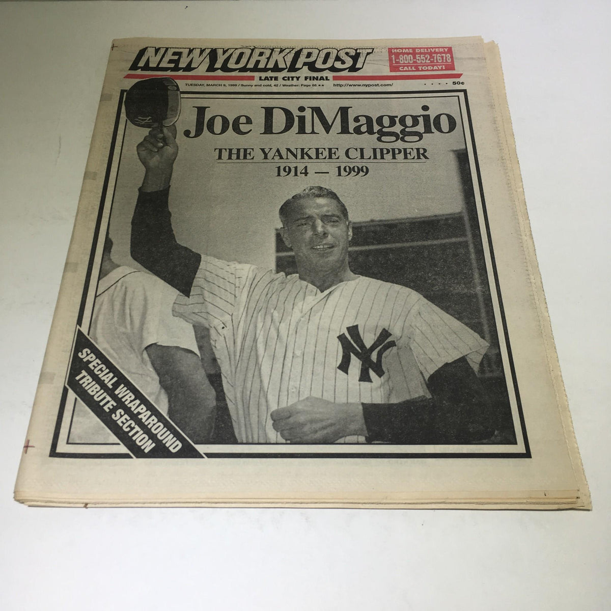 New York Post cover featuring Joe DiMaggio, titled 'Joe DiMaggio: The Yankee Clipper 1914-1999', showcasing the baseball legend in a Yankees uniform.