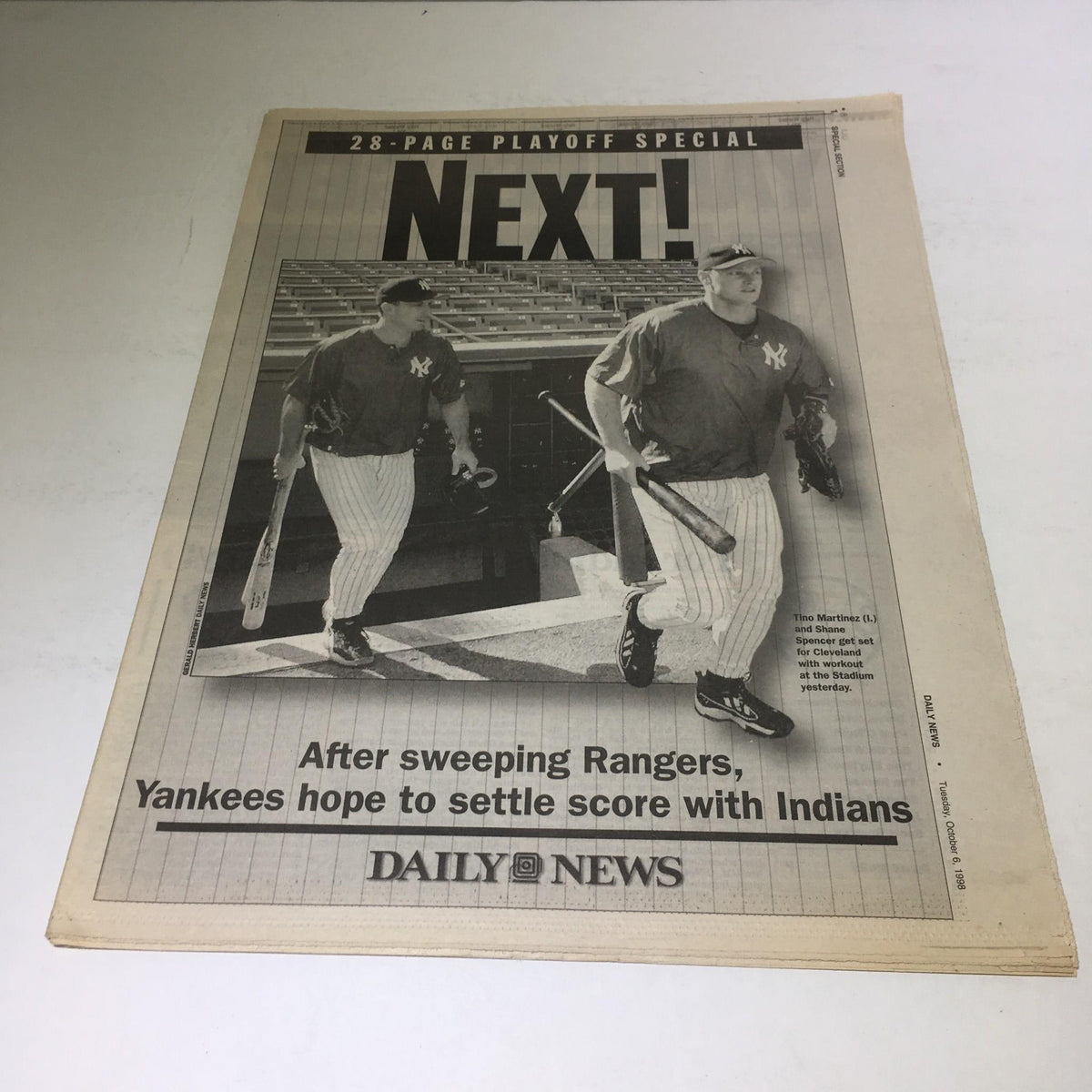 NY Daily News: Oct 6 1998 PlayOff Special Next! showcasing Tino Martinez and Shane Spencer walking on the baseball field, with the headline highlighting the Yankees' playoff journey.