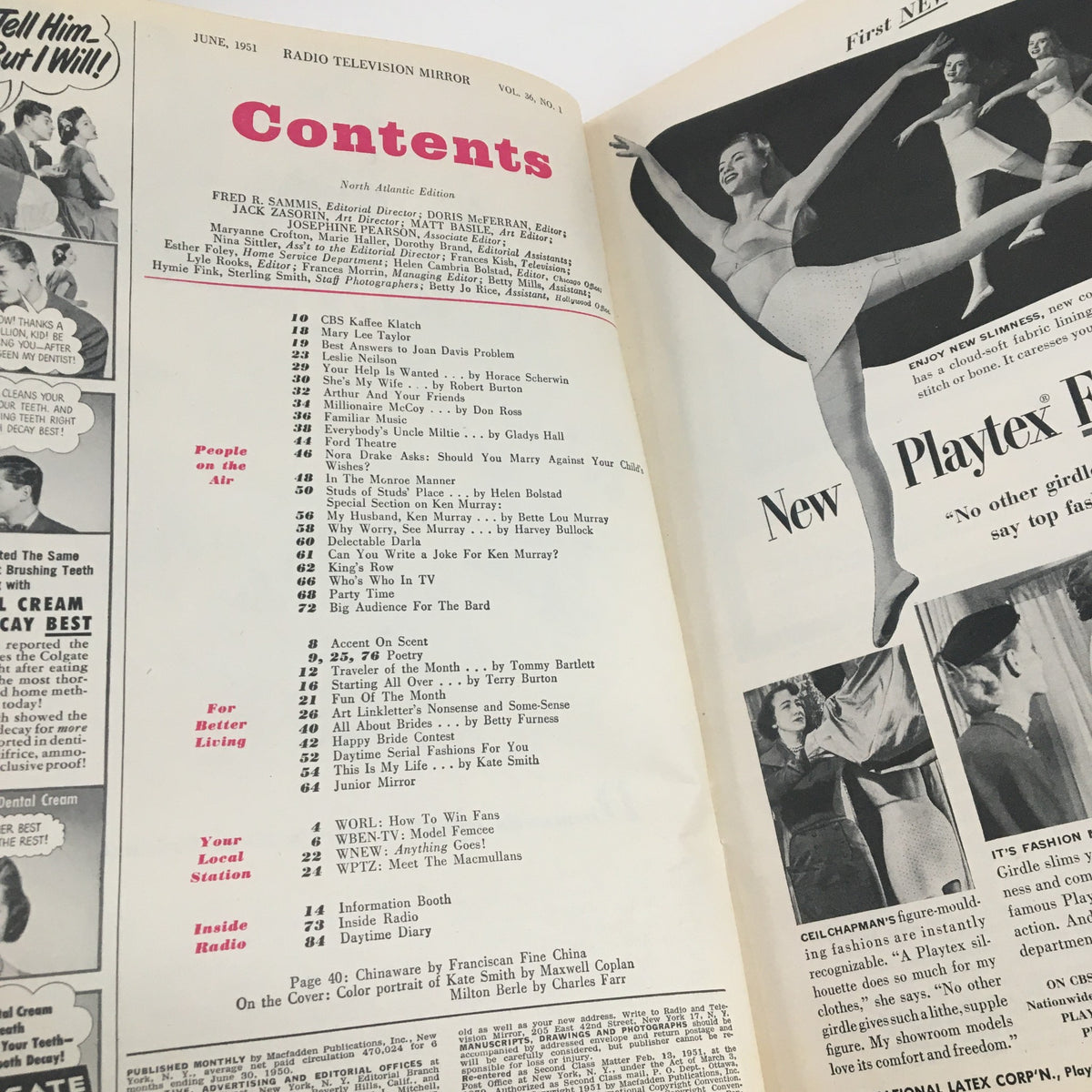 Contents page of Radio Television Mirror Magazine June 1951, detailing articles and features of the magazine.