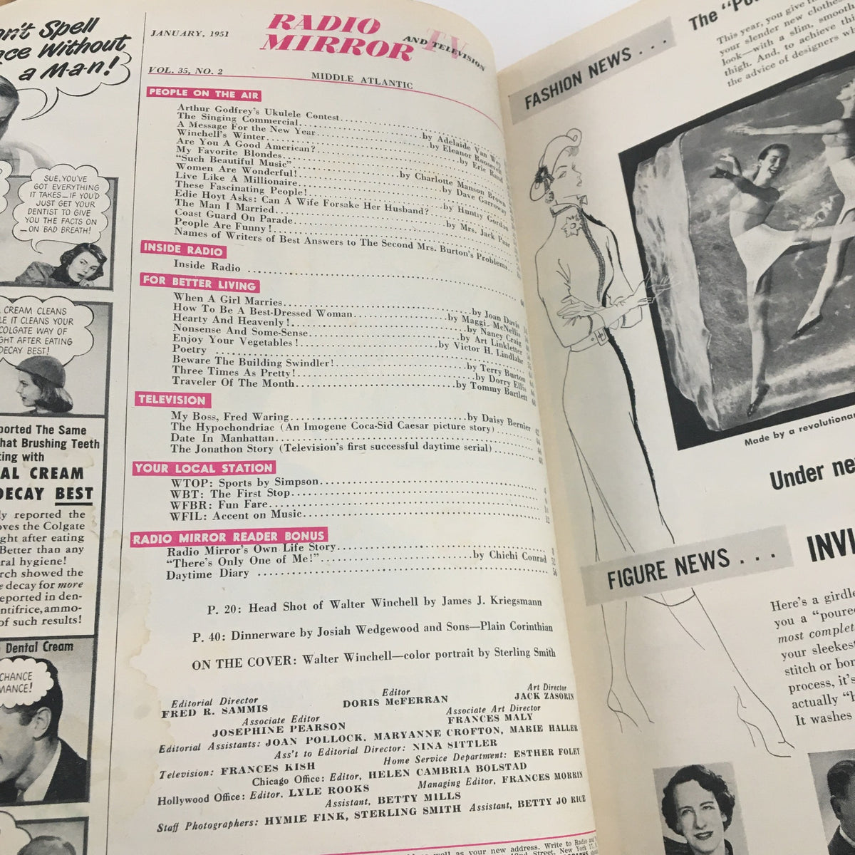 Interior page of Radio TV Mirror Magazine January 1951, listing contents and features including a profile on Walter Winchell and television highlights.