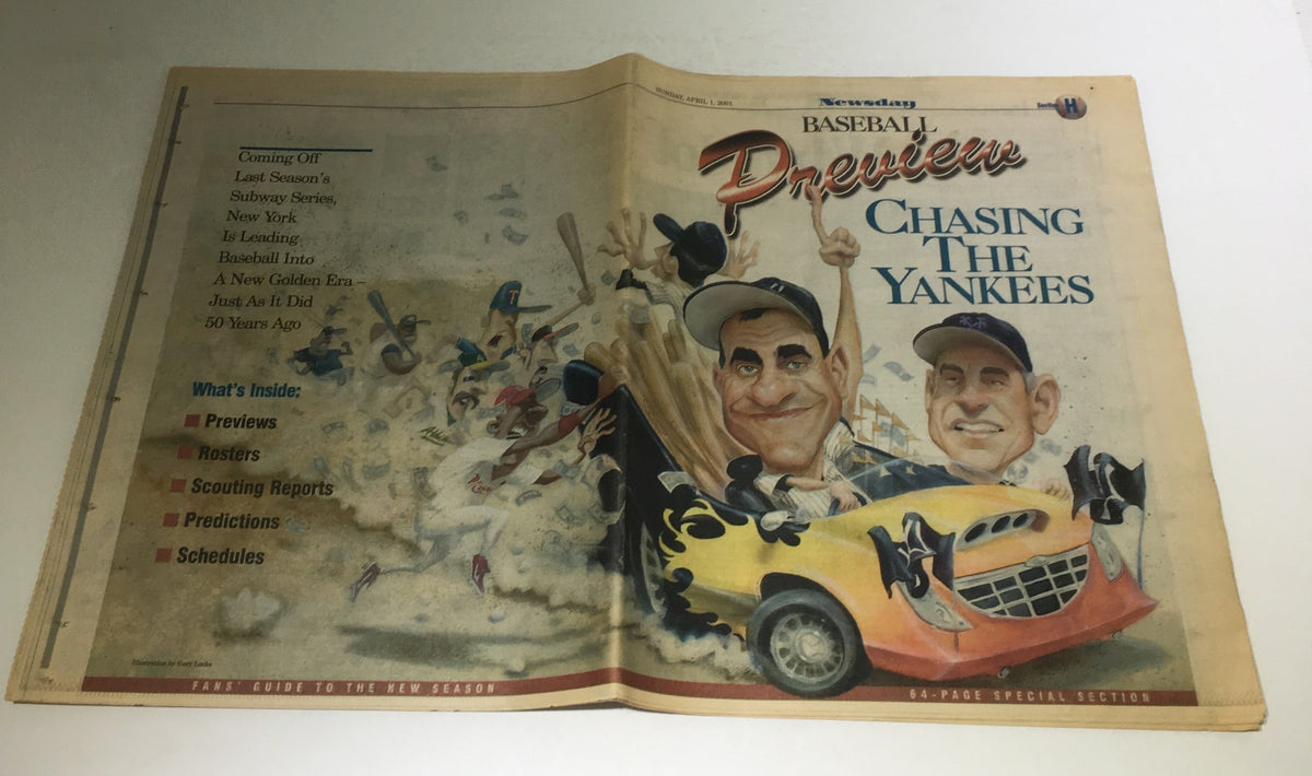 Newsday: April 1 2001 Baseball Preview Chasing The Yankees cover featuring caricatures of baseball players and a vintage yellow car.