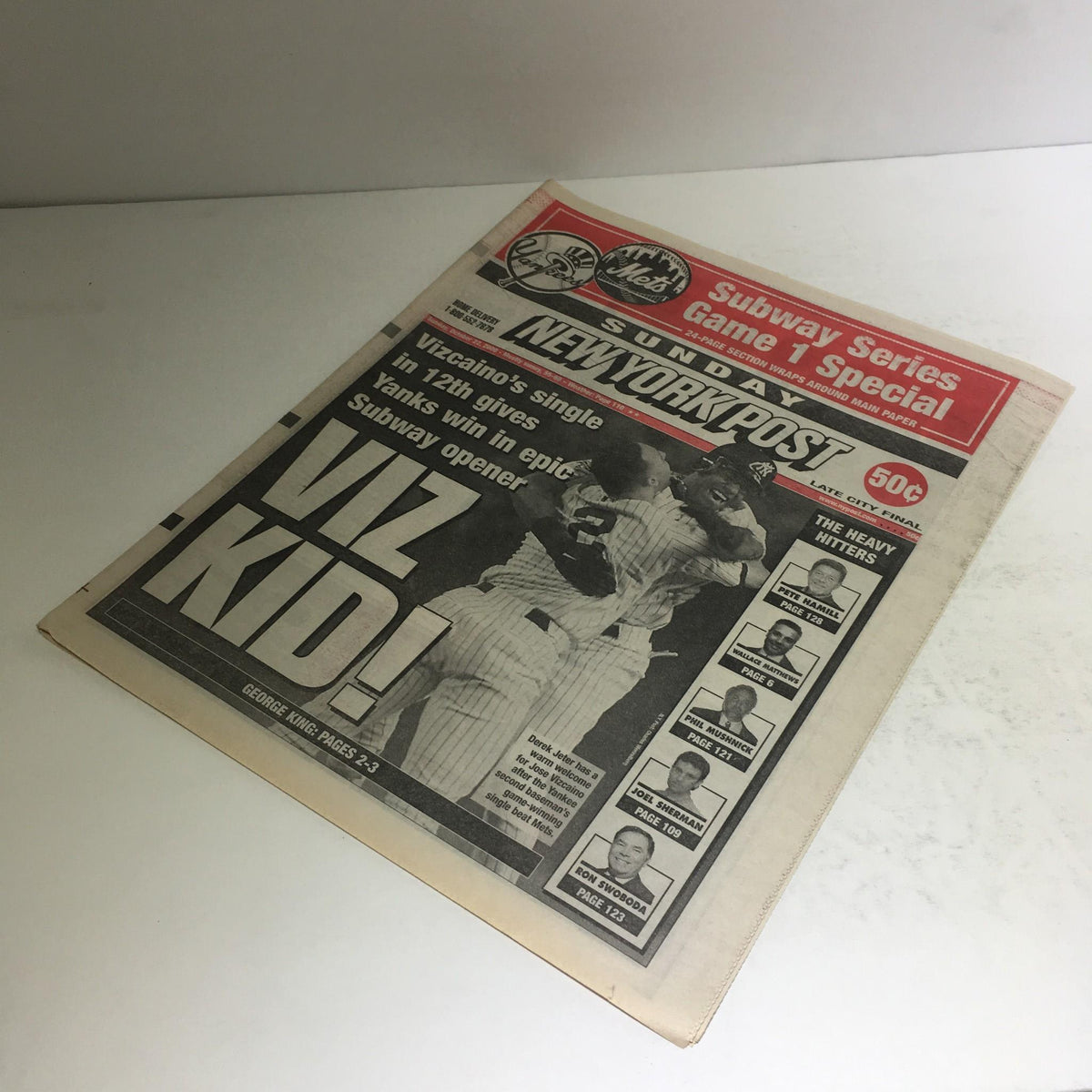 NY Post: 10/22/2000 Vizcaino's Single In 12th Excellent, featuring a vintage newspaper cover showcasing the Subway Series Game 7 Special with headline 'VIZ KID!' and imagery related to baseball.