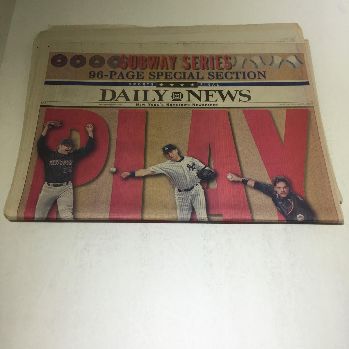 NY Daily News: Oct 21 2000 Play Ball! Special Section displaying dynamic poses of baseball players with the word 'PLAY' prominently featured.