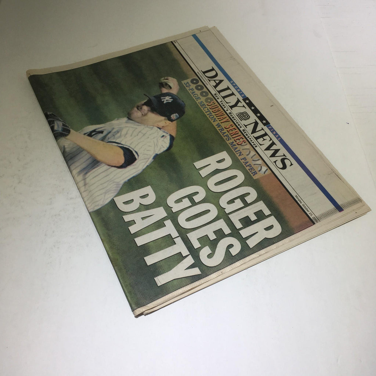 NY Daily News front cover from October 23, 2000, titled 'Roger Goes Batty,' depicting Roger Clemens with an intense expression during the Subway Series.