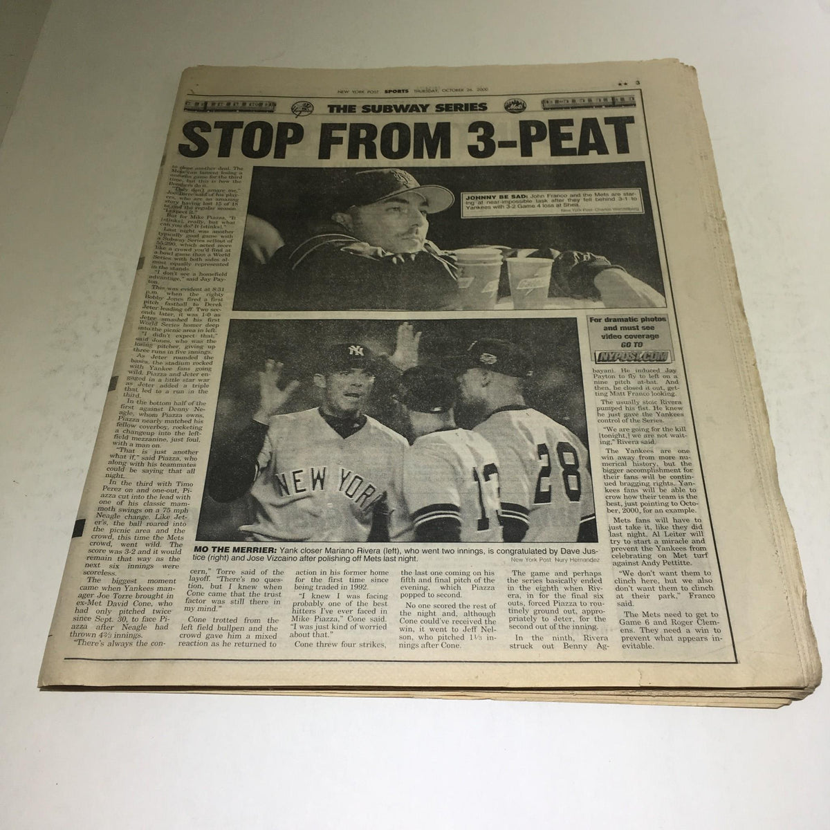 NY Daily News: Oct 26 2000, featuring the headline 'Stop From 3-Peat' with images of New York Yankees players during the Subway Series.