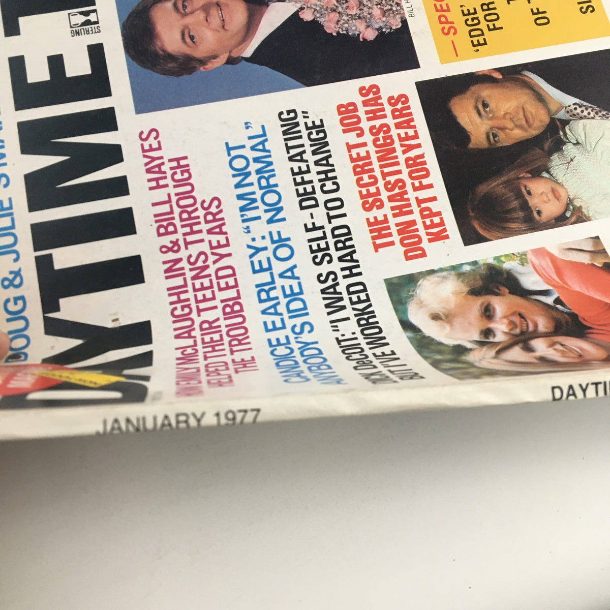 Side view of Daytime TV Magazine January 1977 showing the magazine's title and key features including articles about Bill Hayes and Susan Seaforth Hayes.