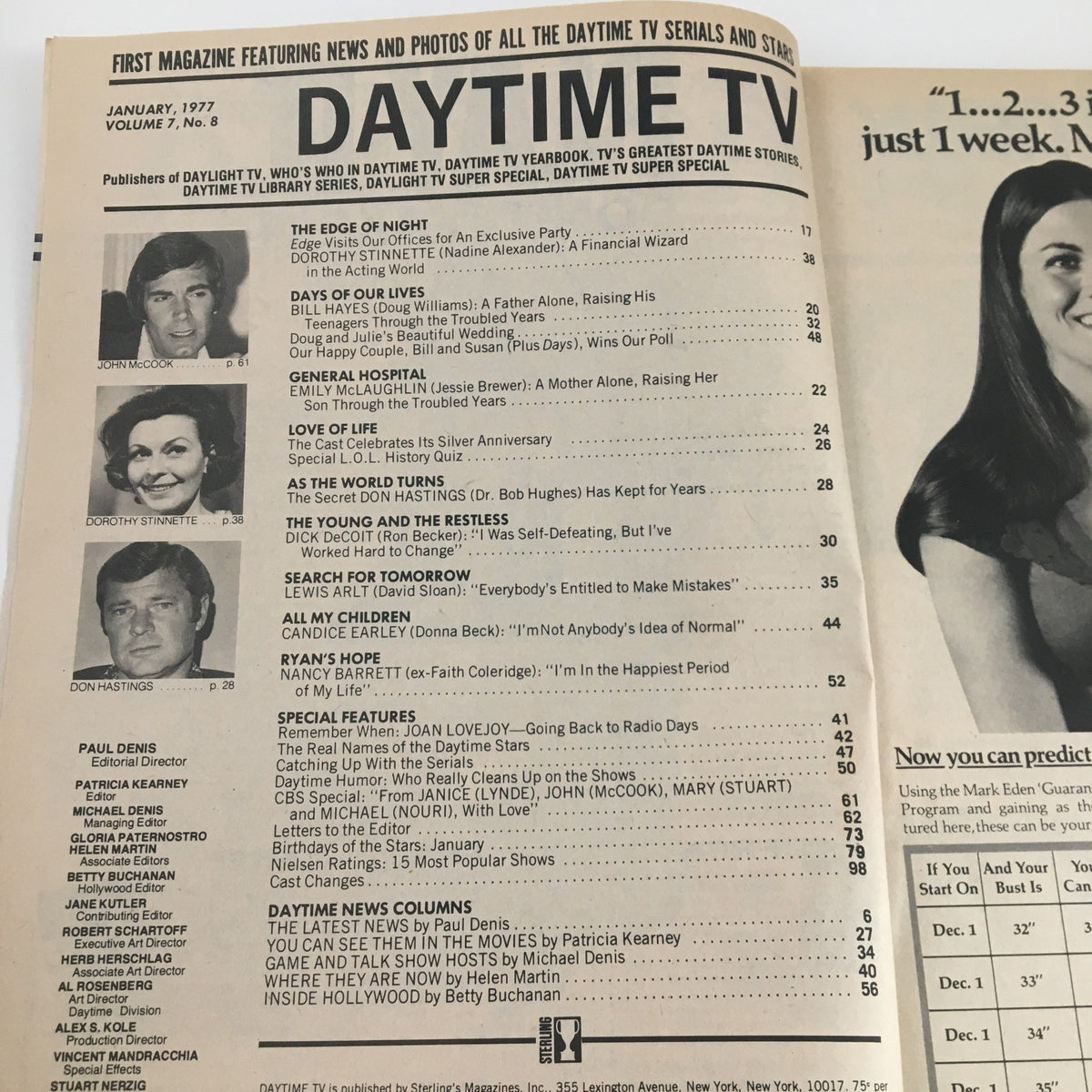 Interior page of Daytime TV Magazine January 1977 displaying the table of contents and featured articles related to daytime television stars.