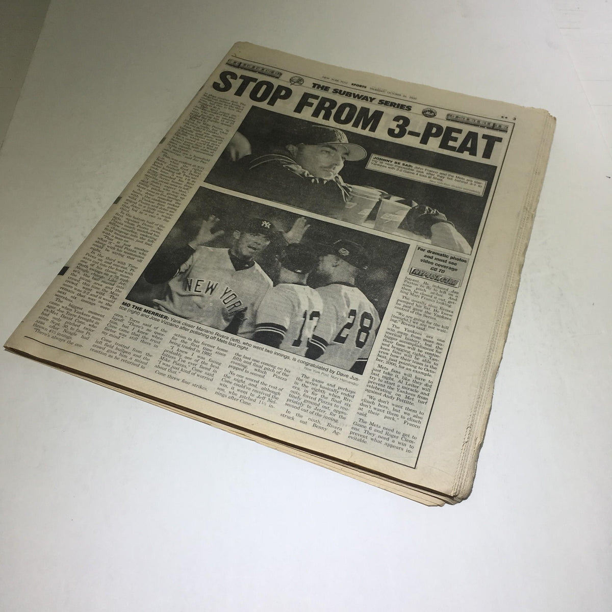 Front page of NY Daily News from Oct 26 2000 featuring headline 'Stop From 3-Peat' with images of New York Yankees players.