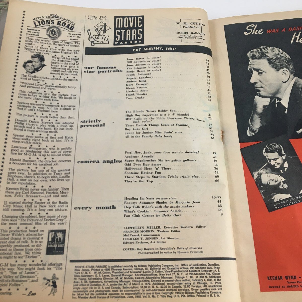 Contents page of Movie Stars Parade Magazine from June 1945 illustrating magazine features and star portraits.
