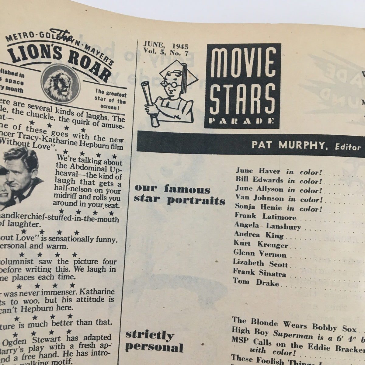 Editorial section of Movie Stars Parade Magazine from June 1945 displaying articles and star listings from the era.