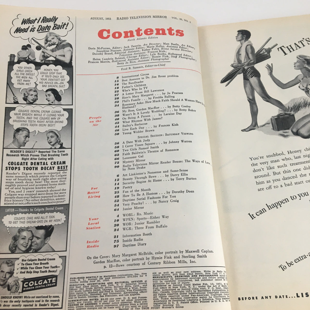 Contents page of Radio TV Mirror Magazine, August 1951, listing articles and features about television and radio entertainment of the era.