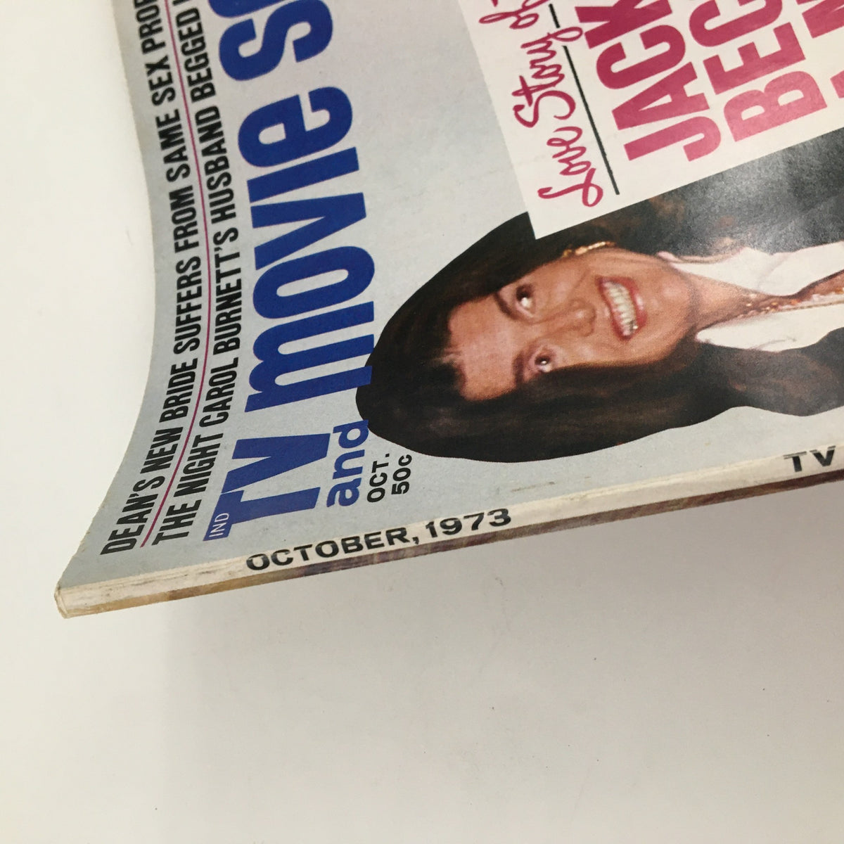 Side view of the October 1973 TV & Movie Screen Magazine cover showing the title and date, highlighting Jackie Kennedy's story.
