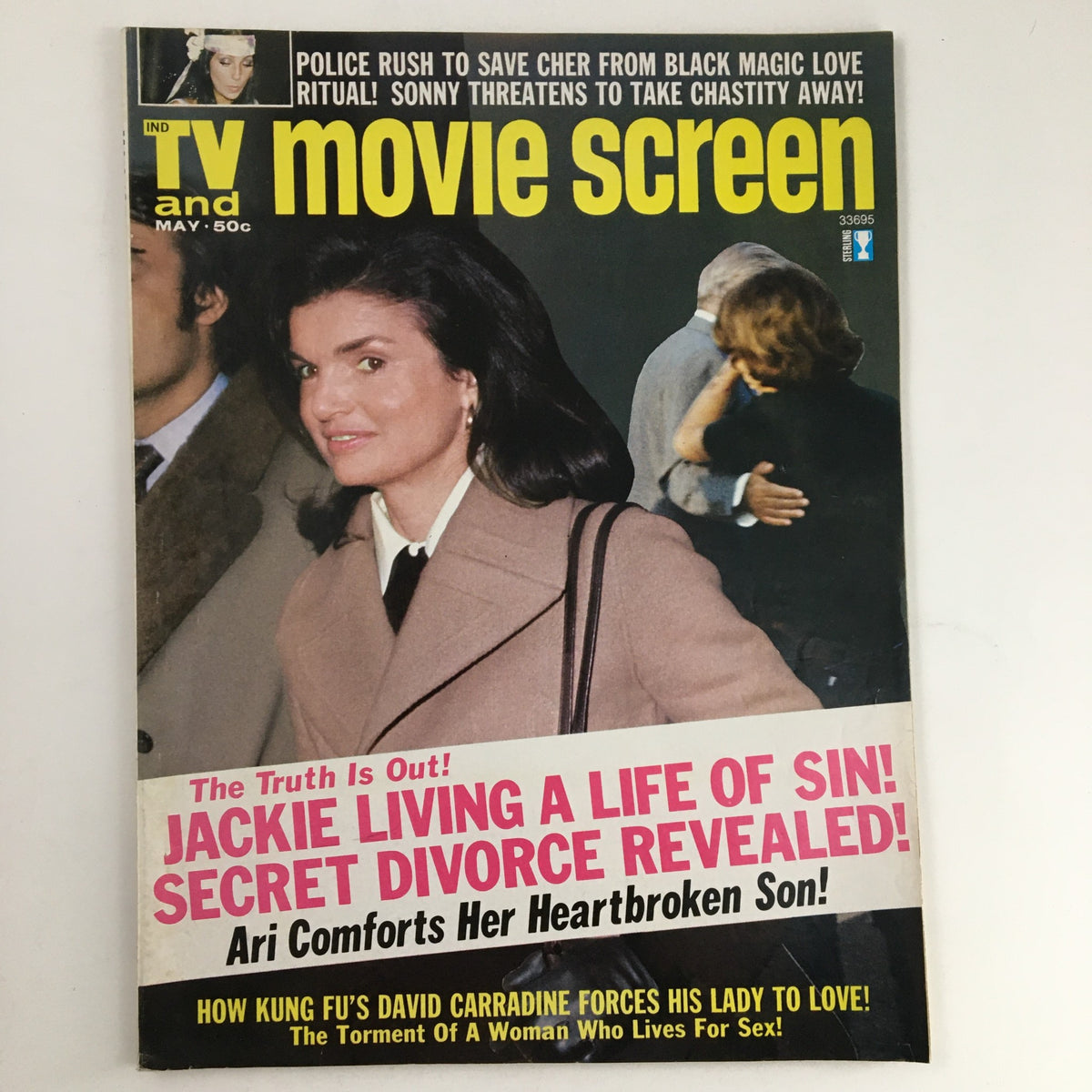 Cover of TV & Movie Screen Magazine from May 1974 featuring Jackie Onassis and David Carradine, highlighting sensational headlines and vintage design.