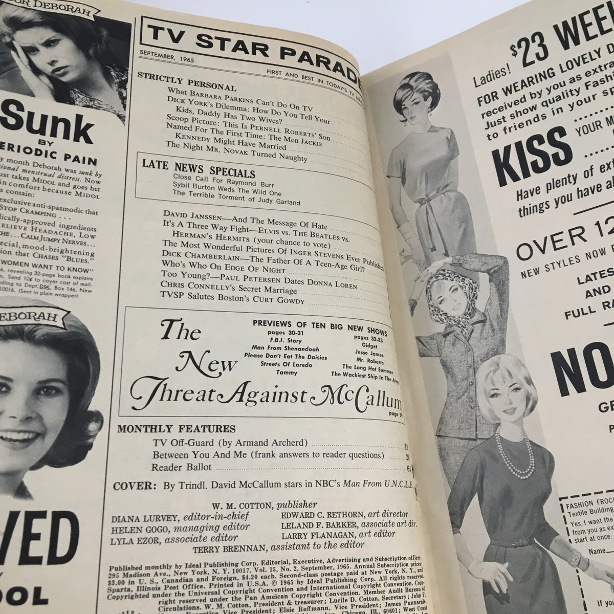 Interior page of the TV Star Parade Magazine September 1965 showcasing articles and features including a mention of David McCallum. The page includes advertisements and previews of TV shows from the era.