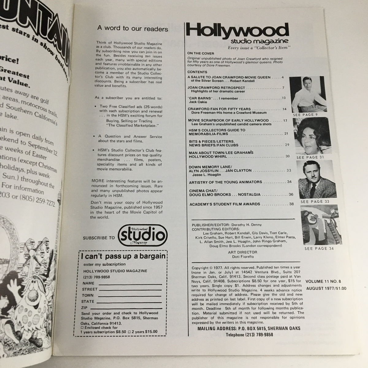 Inside page of Hollywood Studio Magazine August 1977, displaying subscription details and contents, emphasizing the magazine's appeal to classic Hollywood fans.