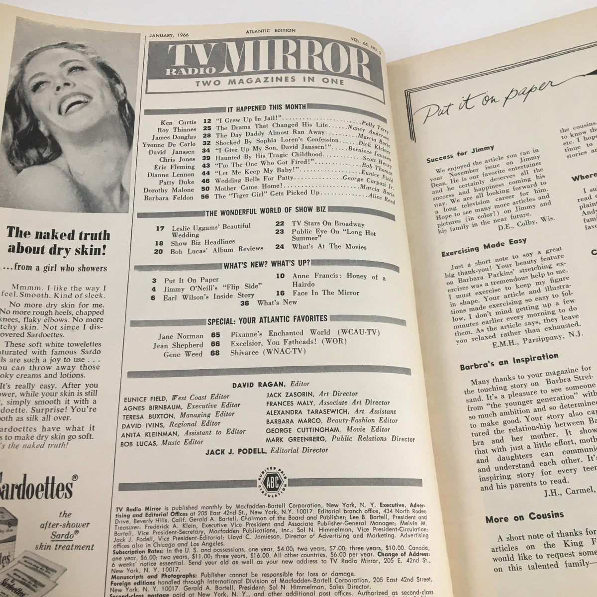 Interior page of the TV Radio Mirror magazine from January 1966 displaying a list of content, including articles and features, reflecting the entertainment landscape of the 1960s.