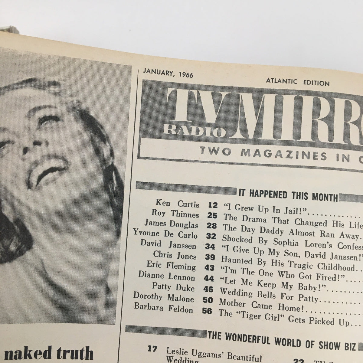 TV Radio Mirror January 1966 magazine cover featuring notable stars, Dorothy Malone and Patty Duke, with a table of contents highlighting iconic moments in film and television.