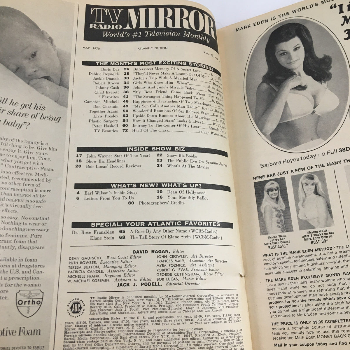 Interior page of TV Radio Mirror Magazine May 1970, displaying articles and features, including highlights on Johnny Cash, offering insights into the entertainment industry of the time.