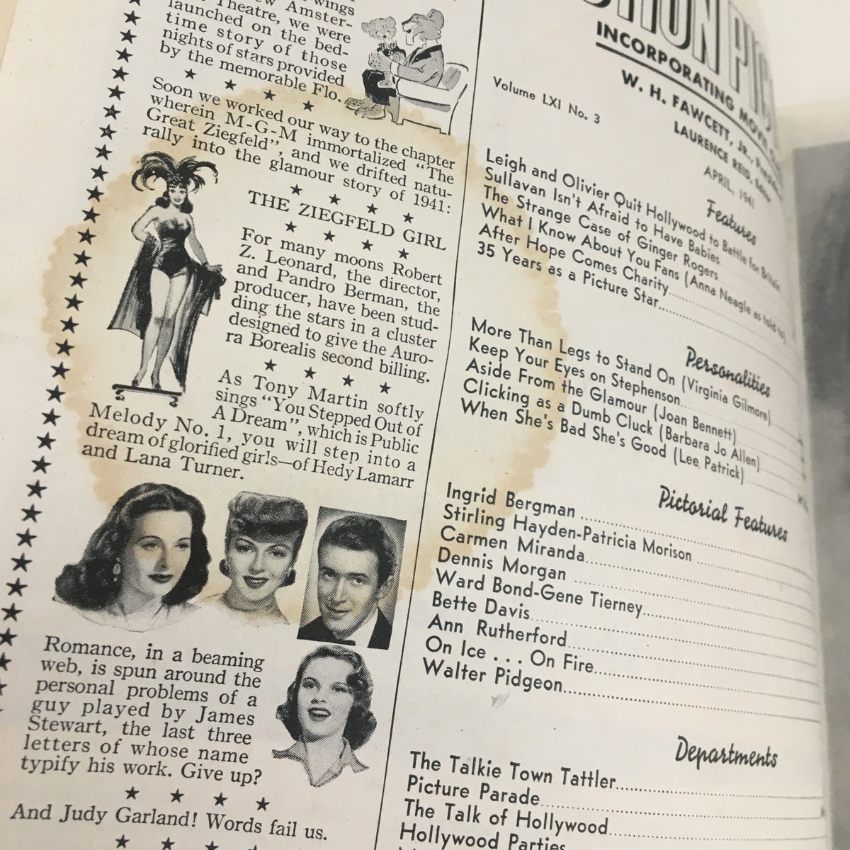 Detailed view of Motion Picture Magazine April 1941 showcasing features on classic stars such as Judy Garland and James Stewart, along with illustrations and captivating articles.