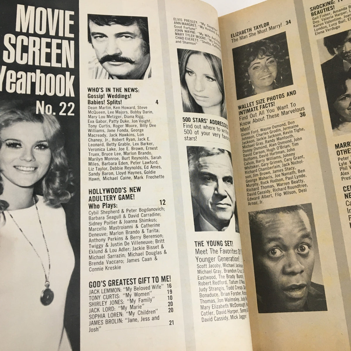 Inside pages of Movie Screen Yearbook 1973 No. 22, featuring articles and images of notable stars including Elizabeth Taylor and Richard Burton.