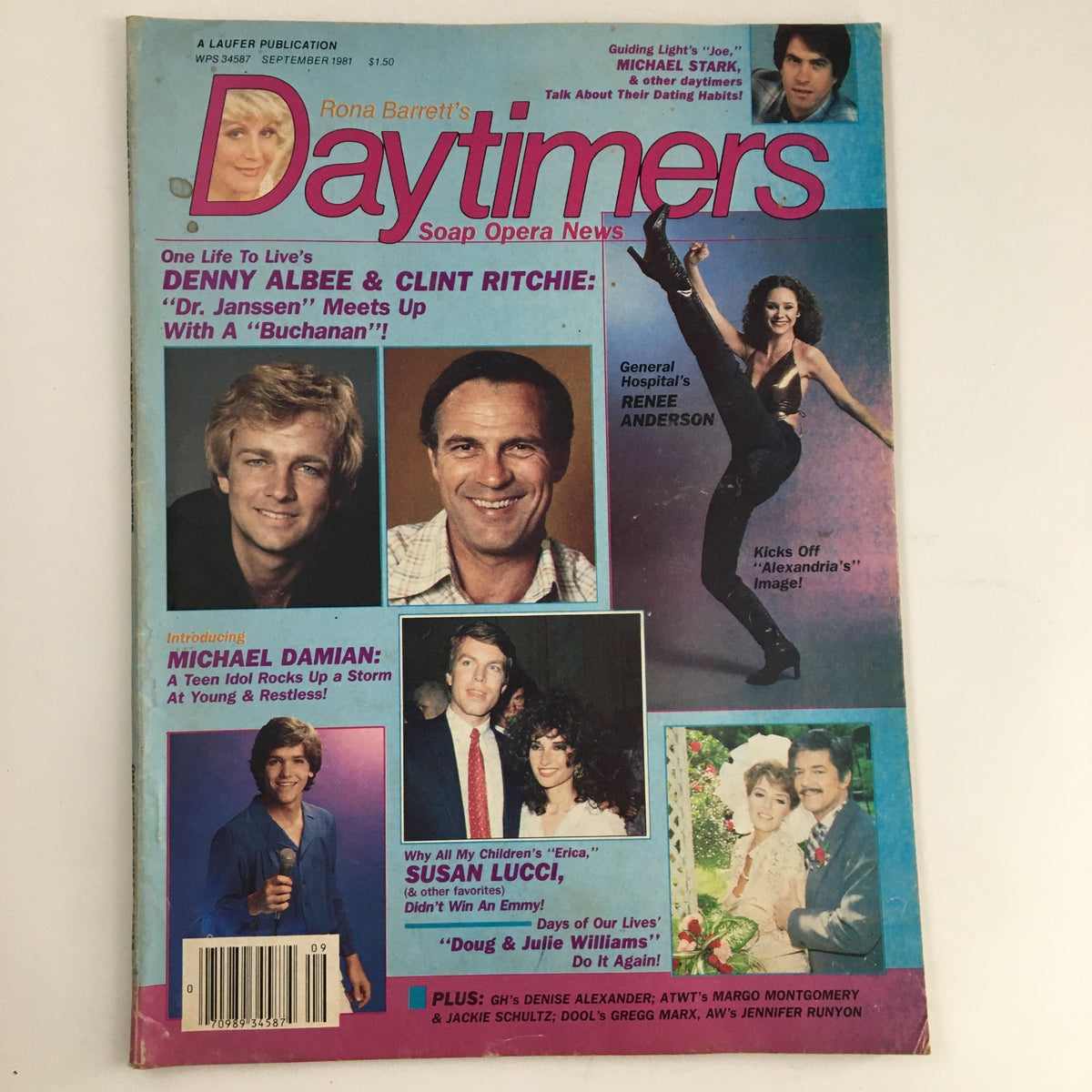 Cover of Rona Barrett's Daytimers September 1981 magazine featuring celebrities Renee Anderson and Michael Damian, showcasing major highlights in soap opera news and interviews.