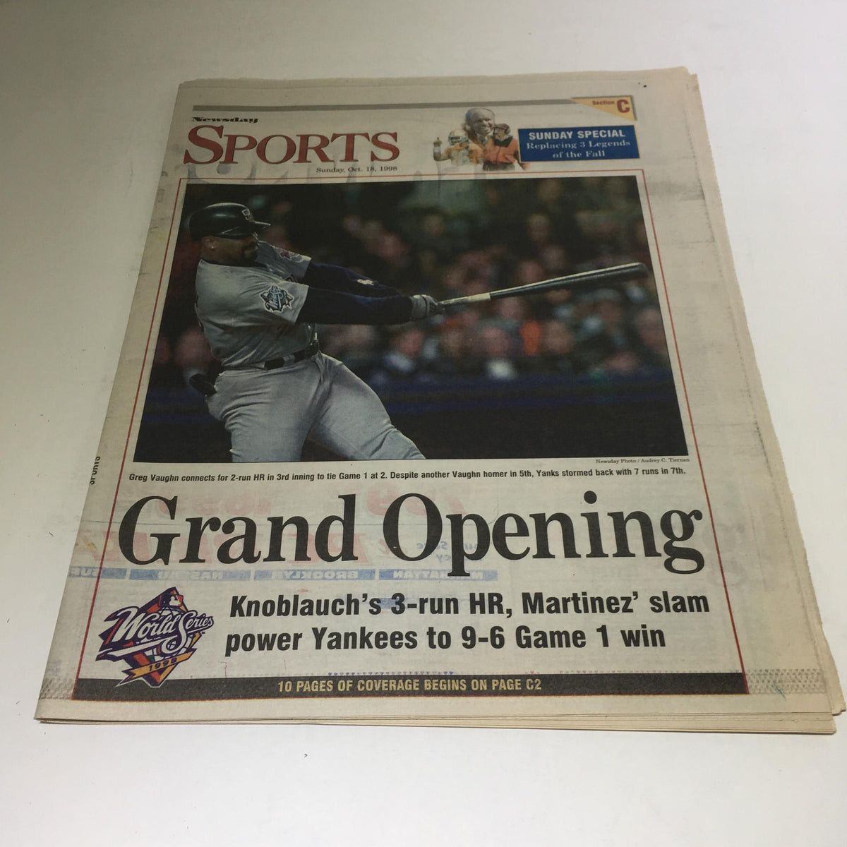 Newsday magazine cover from October 18, 1998 featuring Greg Vaughn during New York Yankees Game 1 World Series win, highlighting his pivotal two-run hit that tied the game. The cover emphasizes the thrilling moment in baseball history with the headline 'Grand Opening' and details about the Yankees' victory.