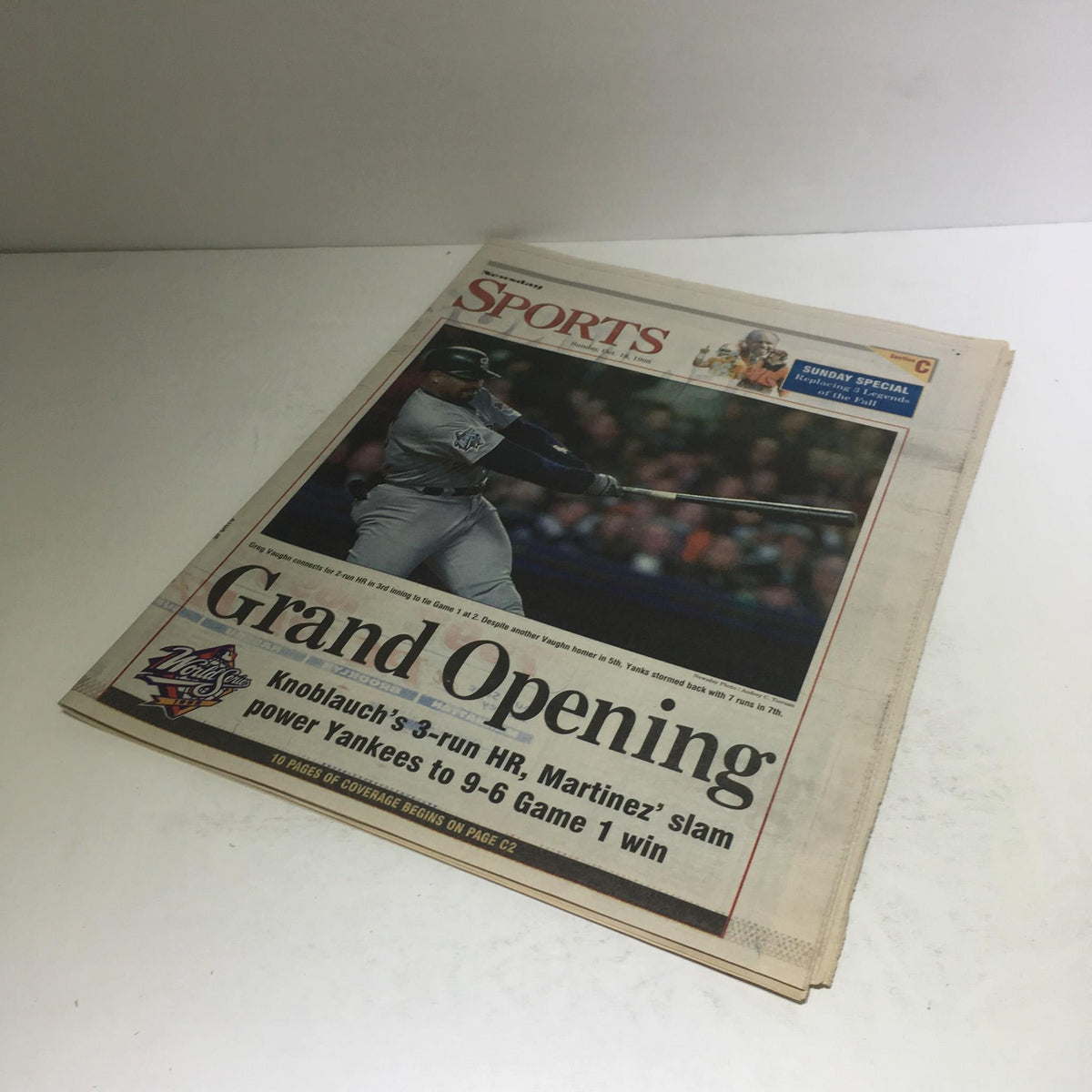 Front page of Newsday sports section highlighting the New York Yankees' Game 1 win with a headline 'Grand Opening', October 18, 1998.