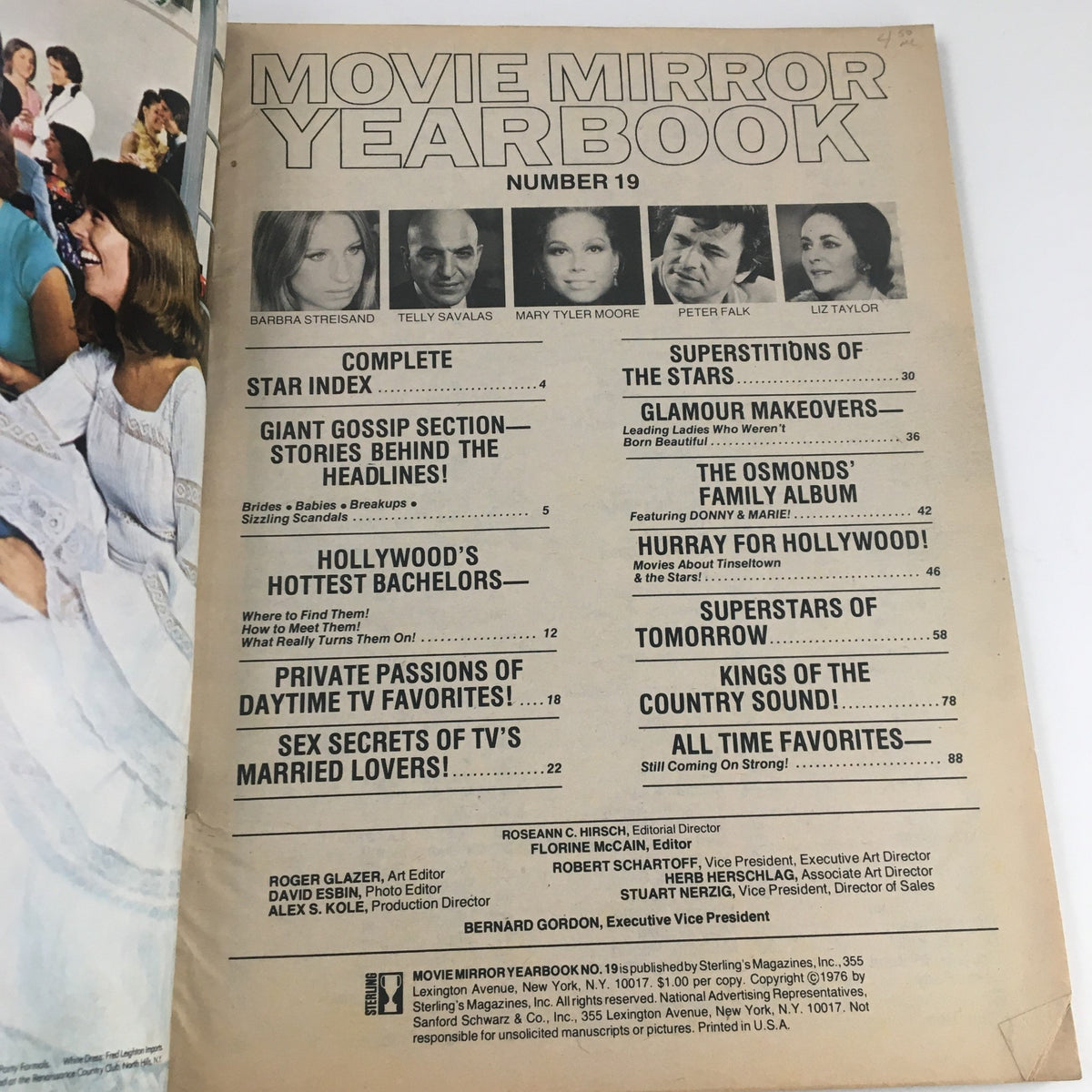 Inside page of Movie Mirror Yearbook 1976 No. 19 displaying the table of contents, including features on celebrities and entertainment highlights.