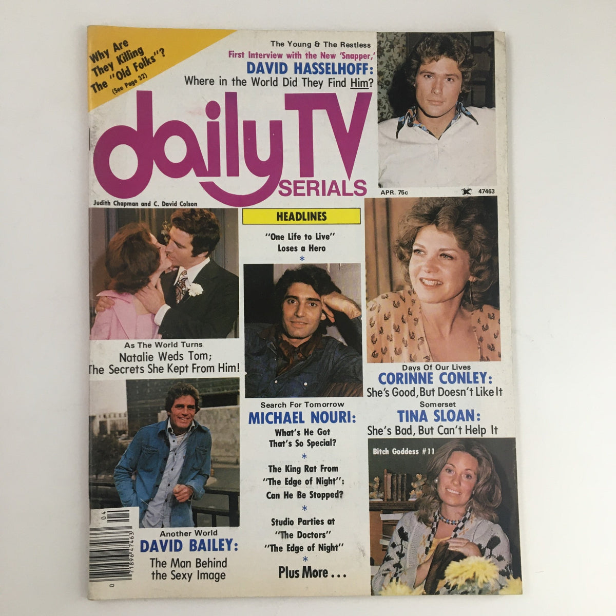 Cover of Daily TV Serials Magazine, April 1976 featuring Judith Chapman and C. David Colson with highlights on popular TV serials and actors.