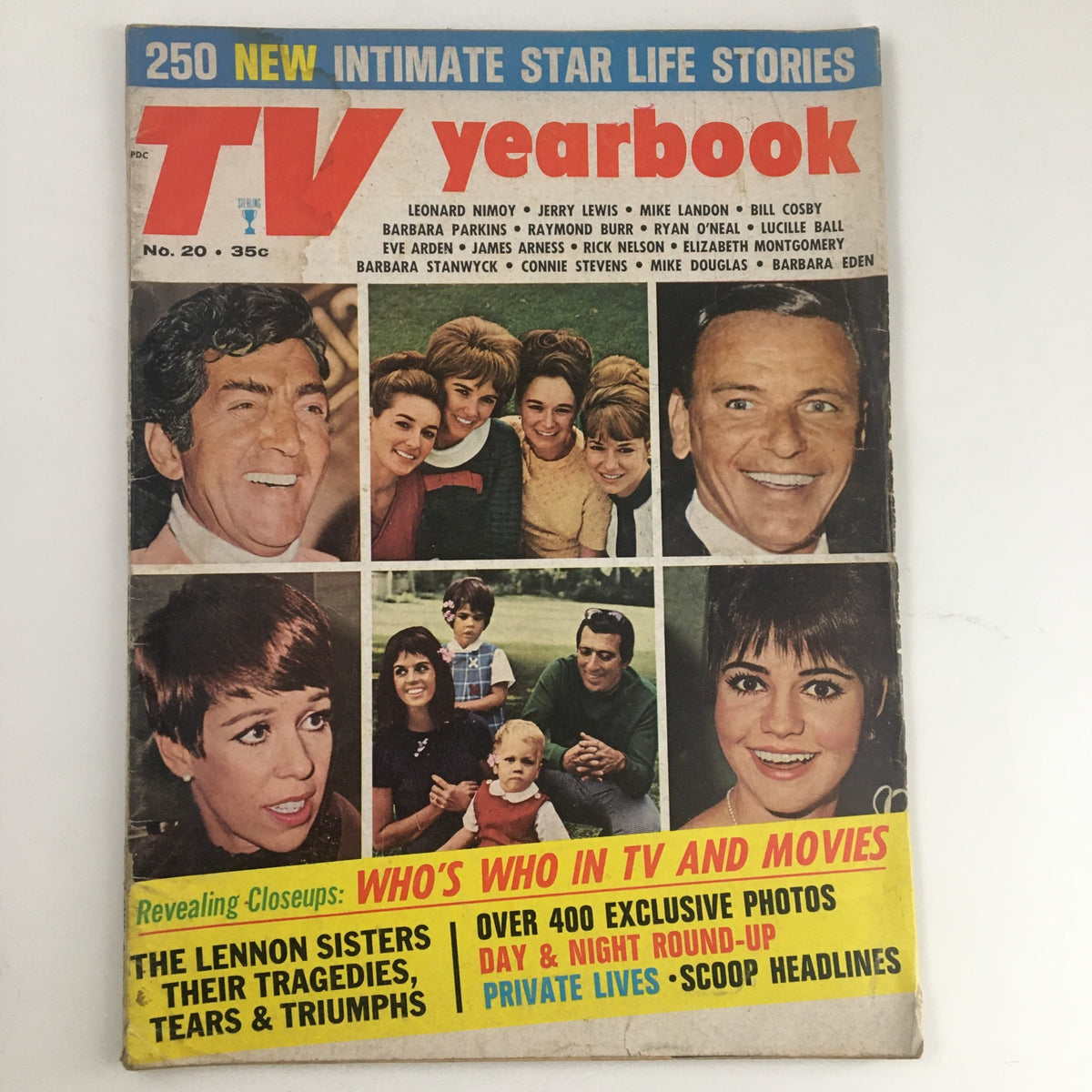 Cover of TV Yearbook Magazine No. 20 featuring Leonard Nimoy, Jerry Lewis, Mike Landon, and various TV personalities, showcasing nostalgic elements of classic television.