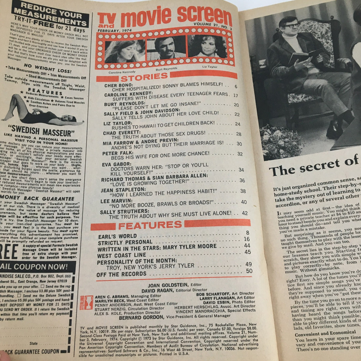 Inside page of TV & Movie Screen Magazine February 1974 displaying the table of contents with articles related to Caroline Kennedy, Burt Reynolds, and Liz Taylor, showcasing the era's pop culture.
