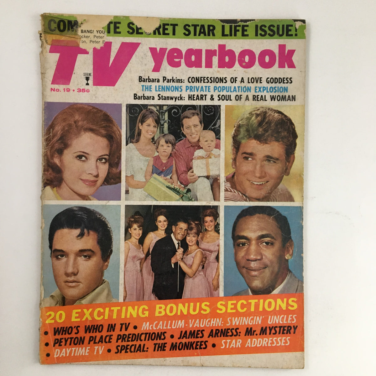 Cover of TV Yearbook No. 19 featuring celebrities Elvis Presley, Barbara Parkins, and Barbara Stanwyck. The magazine highlights classic TV culture and includes bonus sections.