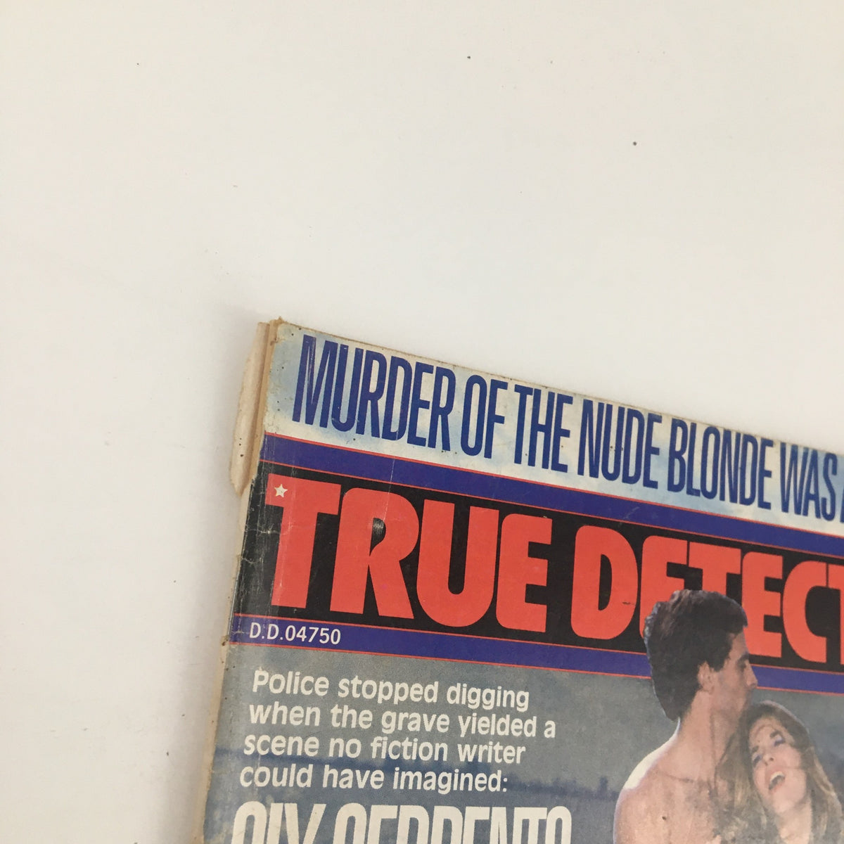 Close-up of the top portion of True Detective Magazine, August 1983, showing the title and a tagline about the 'Murder of the Nude Blonde' with a striking image.