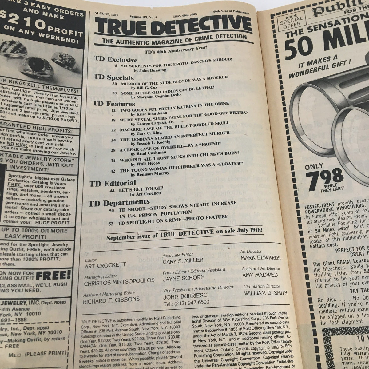 Interior view of True Detective Magazine, August 1983, displaying the table of contents and various article titles related to crime and true detective stories.