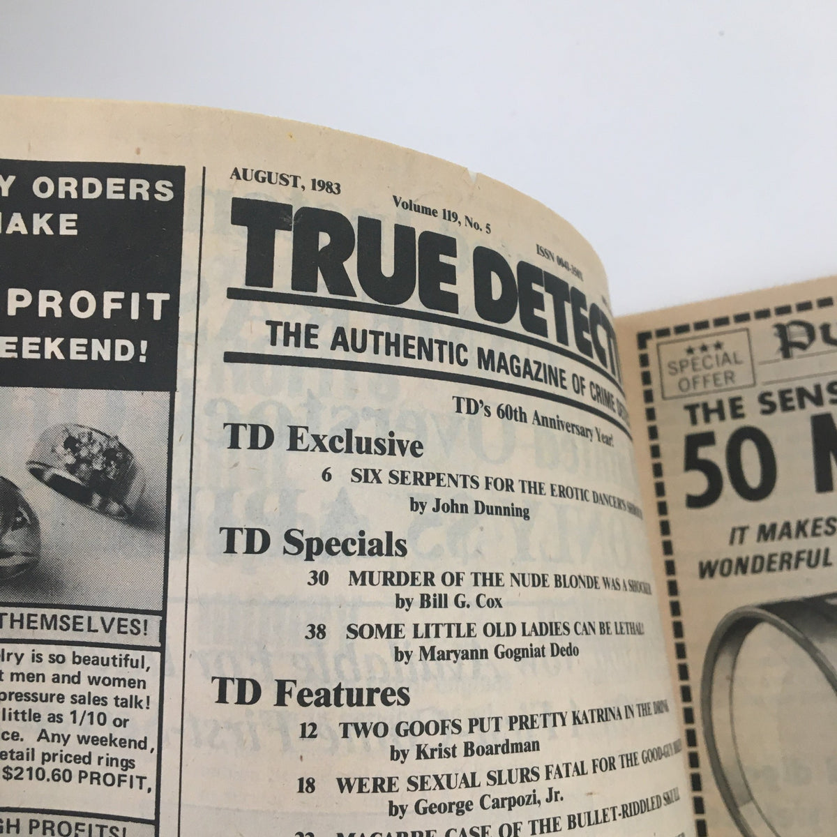 Inside view of True Detective Magazine, August 1983, showcasing the table of contents featuring the special article 'Murder of the Nude Blonde.' The magazine highlights various exclusive true crime stories and articles.