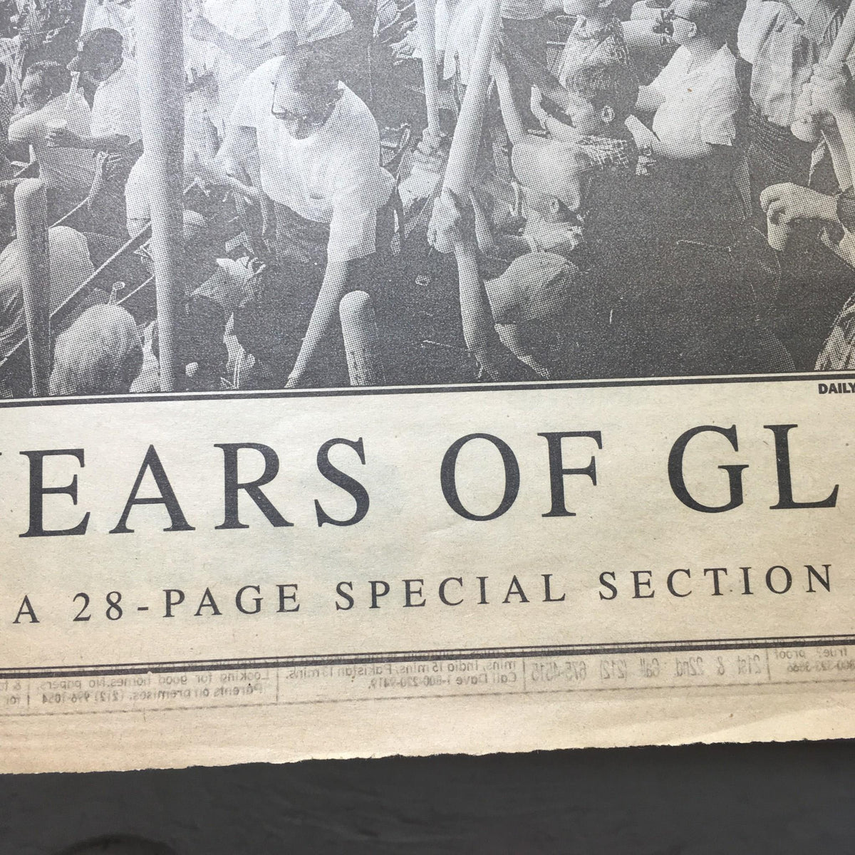 Close-up of the title from the NY Daily News April 19, 1998, Yankee Stadium 75 Years of Glory Special Section emphasizing its historic significance.