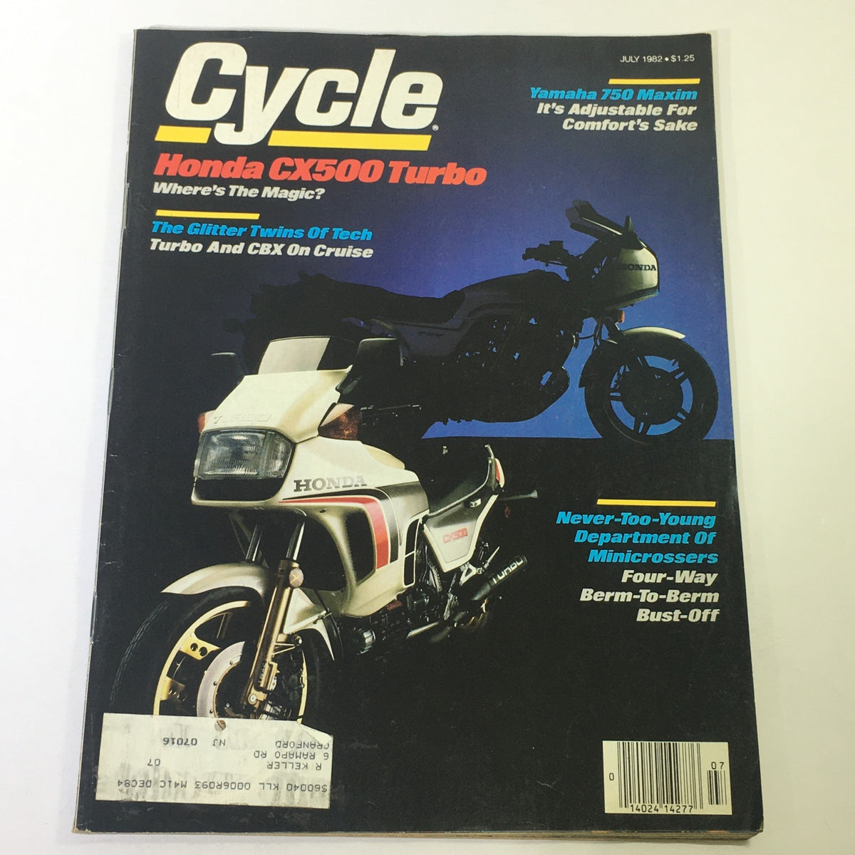 Vintage Cycle Magazine cover from July 1982 featuring the Honda CX500 Turbo, with the headline 'Honda CX500 Turbo - Where's the Magic?' and additional content about the CBX model and motorcycle technology.
