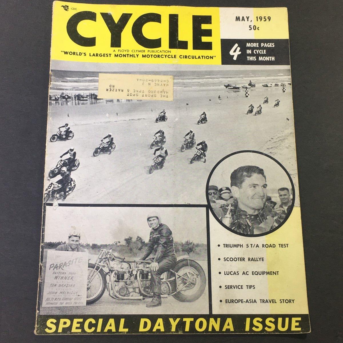 Cover of VTG Cycle Magazine May 1959 featuring a Triumph 5 T/A Road Test and Scooter Rallye, showcasing motorcycle racing and vintage design elements.