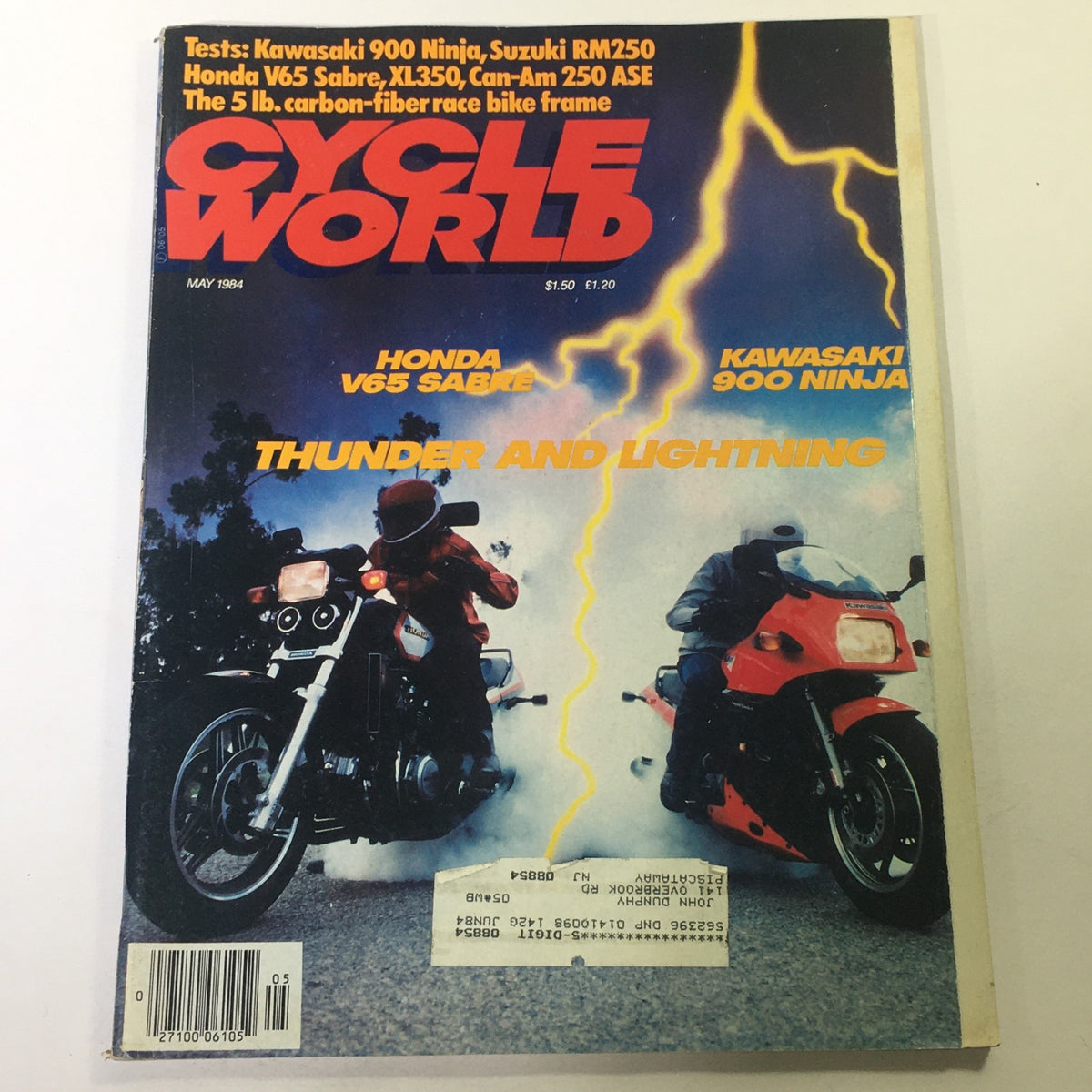 Cover of Cycle World Magazine May 1984 featuring the Honda V65 Sabre and Kawasaki 900 Ninja with the title 'THUNDER AND LIGHTNING' prominently displayed, showcasing a vintage aesthetic of motorcycle culture.