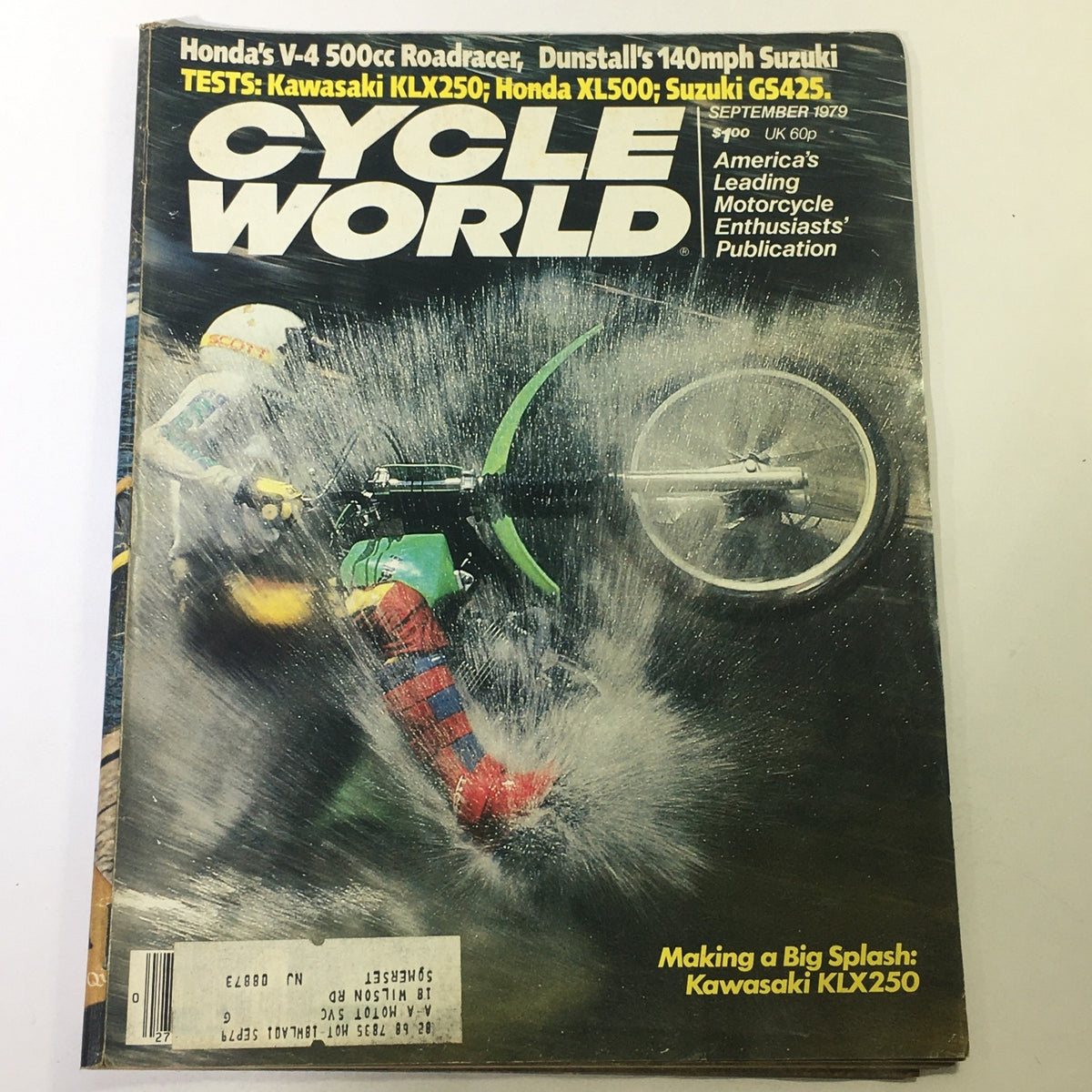Cover of Cycle World Magazine September 1979 featuring tests of Kawasaki KLX250 and Honda XL500, along with motorcycle culture insights of the era.