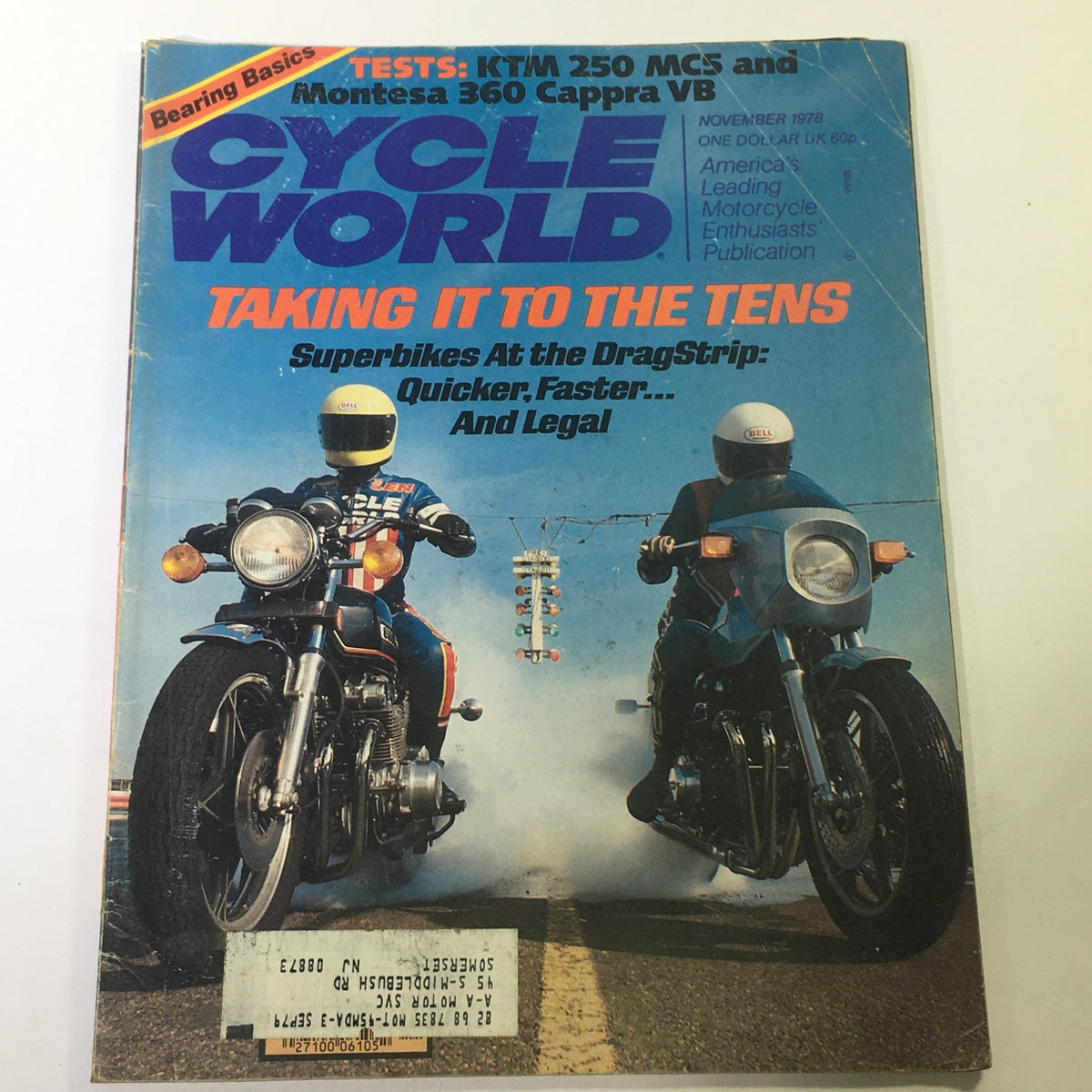 Cover of Cycle World Magazine from November 1978, featuring the title and tests of KTM 250 MC5 and Montesa 360 Cappra VB, showcasing two motorcycles on a racing track.