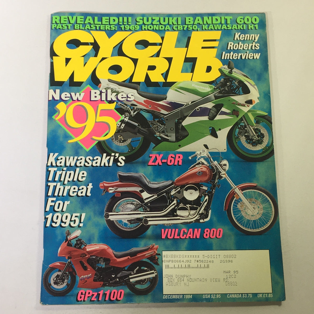 Cover of Cycle World Magazine December 1994 featuring new bikes for 1995 including Kawasaki's ZX-6R, Vulcan 800, and GPz1100, showcasing vibrant graphics and motorcycle culture of the mid-90s.