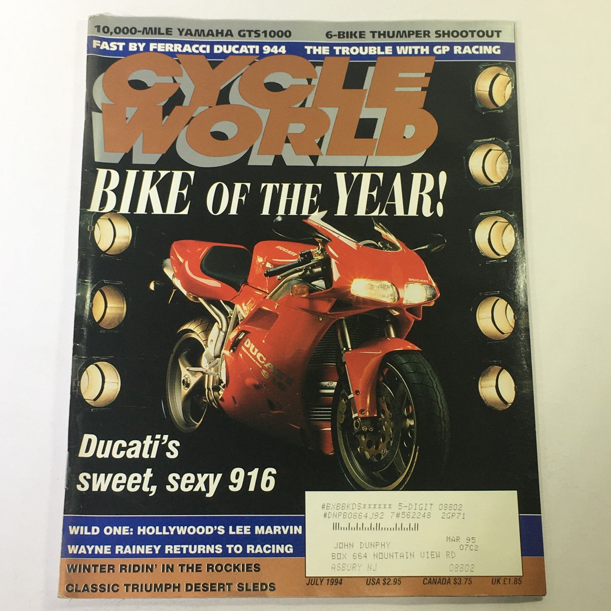 Cover of Cycle World Magazine July 1994 featuring the Ducati 916, highlighted as 'Bike of the Year', with an article on the Yamaha GTS1000 and the Ferraci Ducati 944.