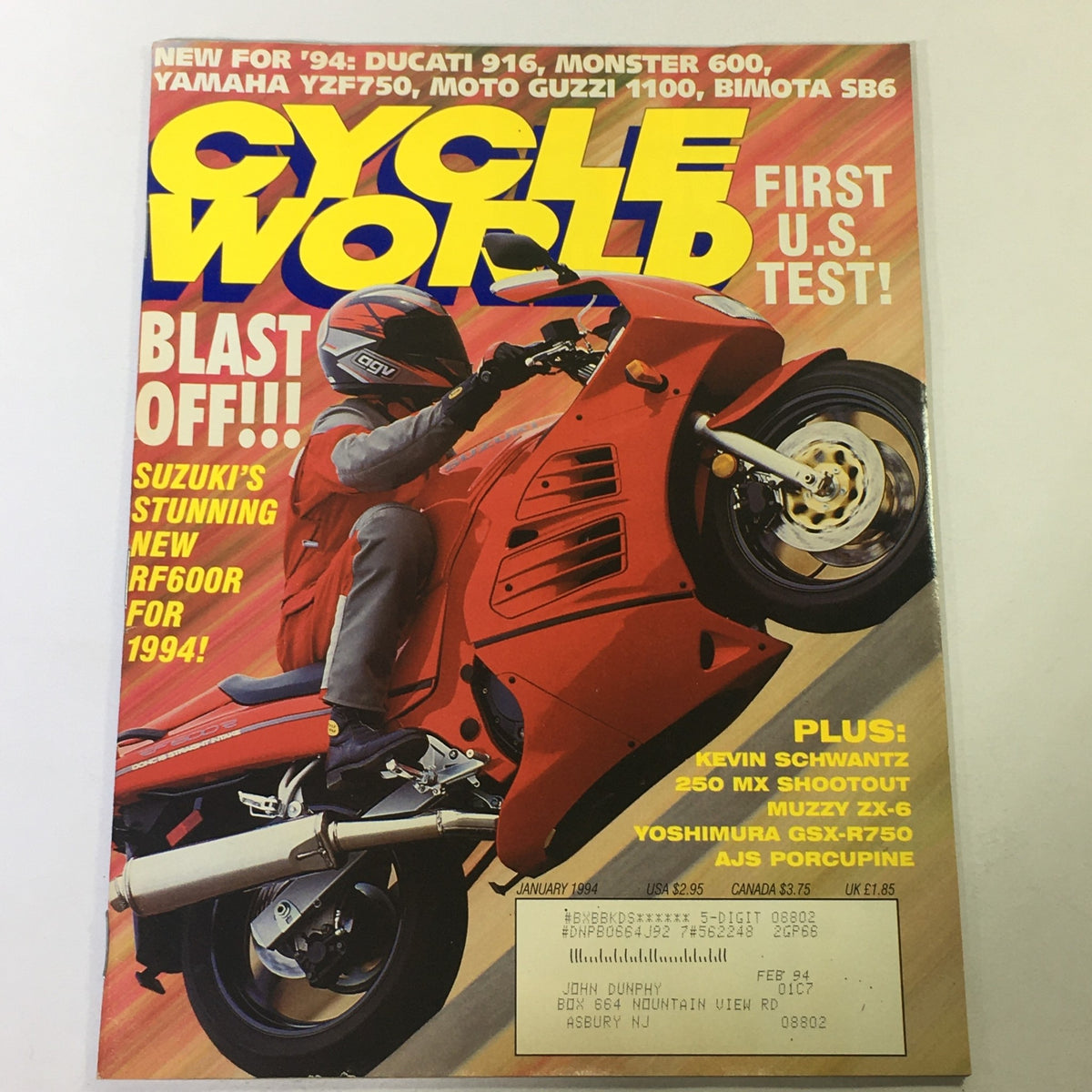 Cycle World Magazine January 1994 cover featuring a rider on a motorcycle, highlighting the Suzuki RF600R and including articles on Kevin Schwantz, 250 MX Shootout, and Muzzy ZX-6.