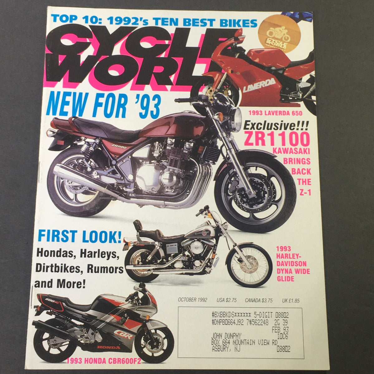 Cycle World Magazine October 1992 cover featuring the Kawasaki ZR1100, Laverda 650, and Honda CBR600, highlighting motorcycle culture and reviews.