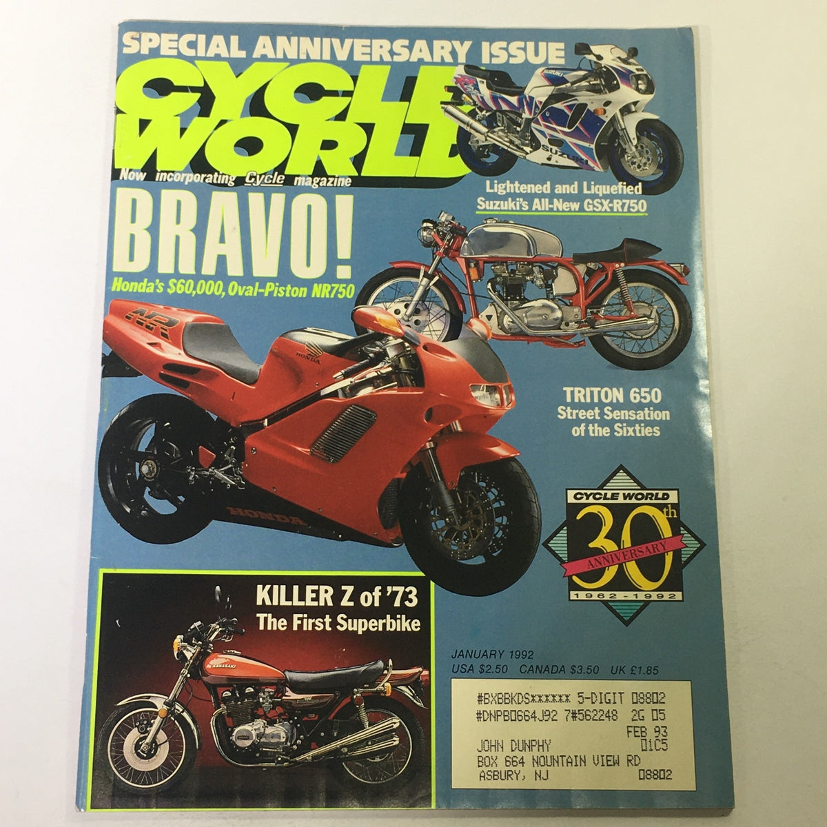 Cycle World Magazine January 1992 cover featuring Suzuki GSX-R750, Triton 650 and Honda NR750 motorcycle models, celebrating the 30th anniversary of Cycle World magazine.