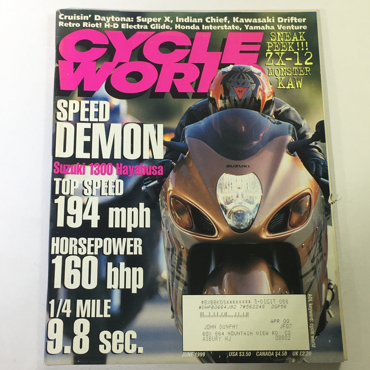 Cover of Cycle World Magazine June 1999 featuring Suzuki 1300 Hayabusa and Kawasaki ZX-12 Monster, highlighting motorcycle speed and performance.