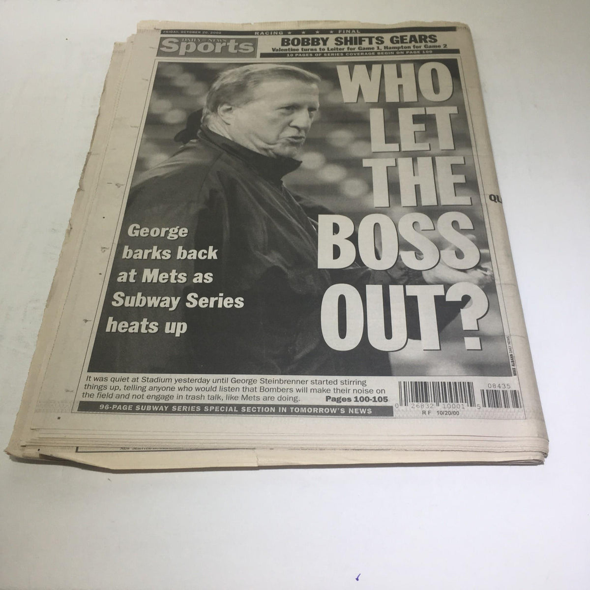 Back cover of the NY Daily News focused on sports, featuring the headline 'WHO LET THE BOSS OUT?' related to the Subway Series and a comment by George Steinbrenner.