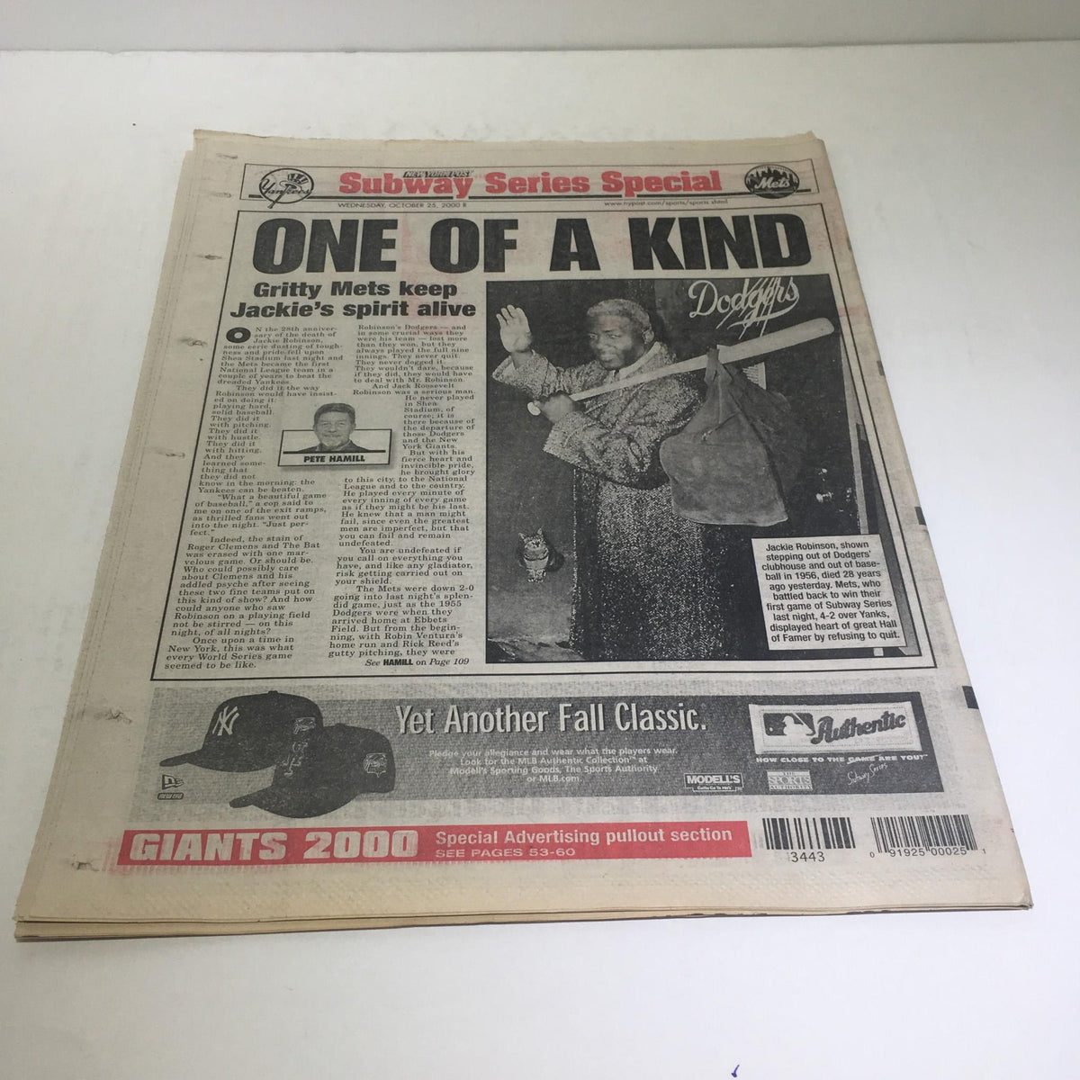 Front page of a nostalgic New York Post newspaper featuring the title 'ONE OF A KIND' highlighting the Mets' spirit and paying tribute to Jackie Robinson. A visually impactful design showcasing the Subway Series Special.