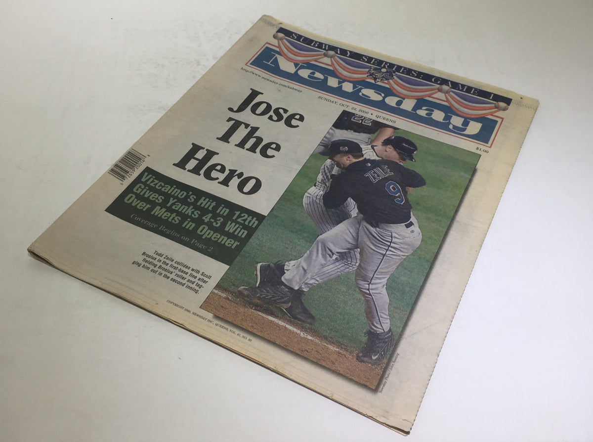 Newsday front page from October 22, 2000, featuring the headline 'Jose The Hero' alongside an image of players celebrating a baseball moment, highlighting the excitement of a game-winning hit.
